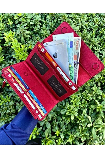 CüzCan Women's Genuine Leather Wallet with Redline Knitting Detail