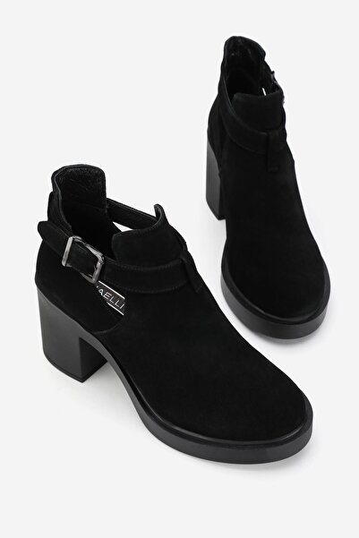 TUNAELLİ KADIN SİYAH SÜET HAKİKİ DOĞAL DERİ 36-41 NUMARA TOPUKLU BANTLI BOT & BOOTİE