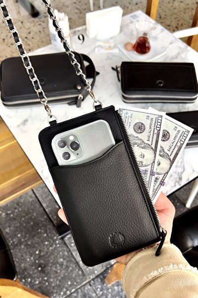 CüzCan Reina Kadın Siyah Hakiki Deri Telefon Bölmeli Cüzdan Omuz Çantası