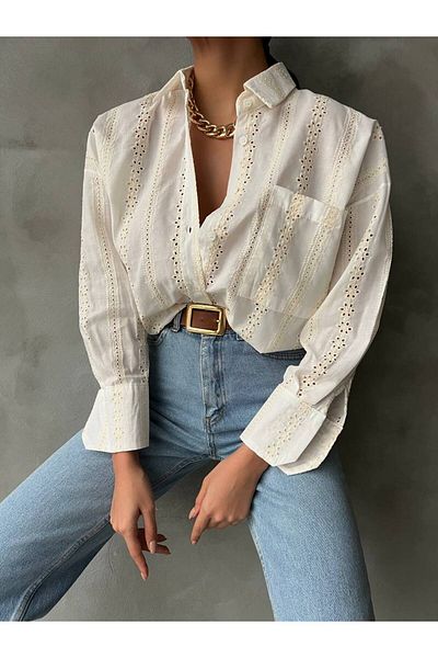 owwon Women's Ecru 100% Cotton Embroidered Scallop Embroidered Shirt