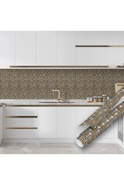 Dekoros Kahverengi Mozaik Desenli Yapışkanlı Folyo Fayans Görünümlü Masa Teza Aharası Kaplama 45x500cm 0324