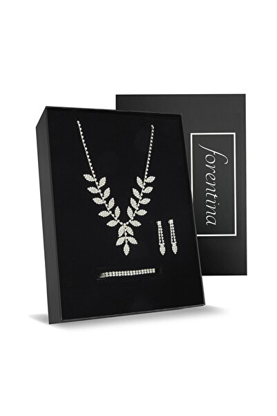 Forentina Gümüş Kaplama Yaprak Modeli Kolye Küpe Bileklik Düğün Seti - Ps2183...