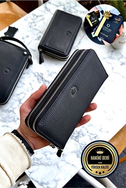 CüzCan Tigan Unisex Siyah Çift Fermuarlı Hakiki Deri Telefon Cüzdanı El Çantası