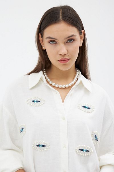 Laluvia Ecru Evil Eye Beaded Shirt