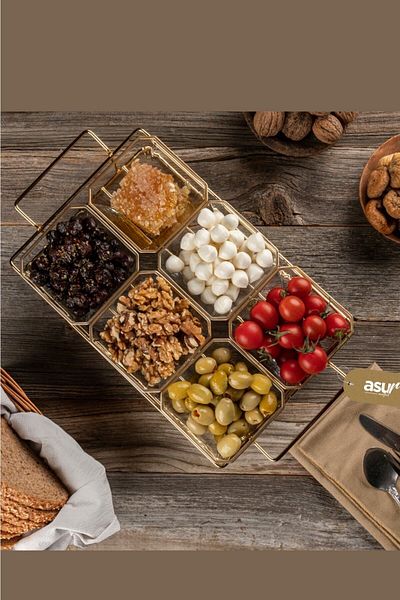 ASYA BAZAAR 6 Compartment Glass Breakfast Snack Bowl with Gold Stand