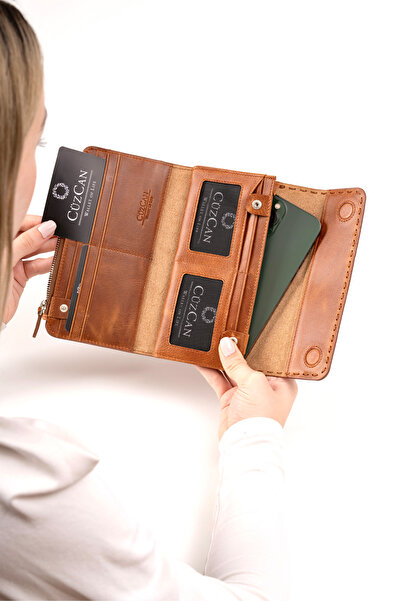 CüzCan Γυναικείο πορτοφόλι από γνήσιο δέρμα Brownline με λεπτομέρεια πλεξούδας