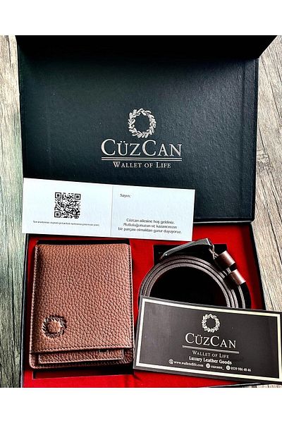 CüzCan Σετ πορτοφόλι και ζώνη από γνήσιο δέρμα με πολυτελή θήκη αποθήκευσης