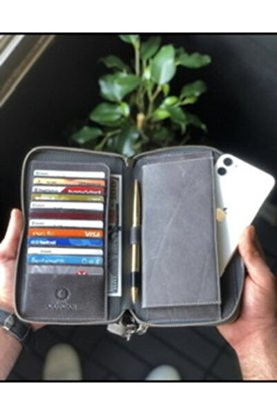 CüzCan Soft Gri Hakiki Deri Unisex Telefon Cüzdanı El Çantası