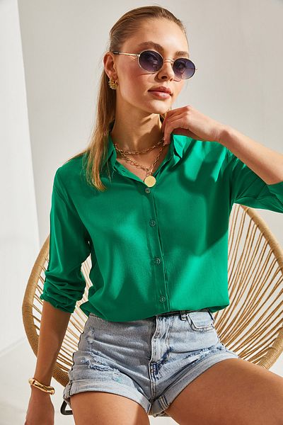 Bianco Lucci Women's Sleeve Folded Basic Viscose Shirt