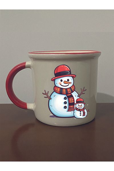 lili hediyelik Snowman Printed Red Mouth Mug - Ceramic Tea, Coffee Gift Cup