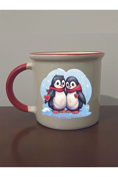 lili hediyelik Penguin Printed Red Mouth Mug - Ceramic Tea, Coffee Gift Cup