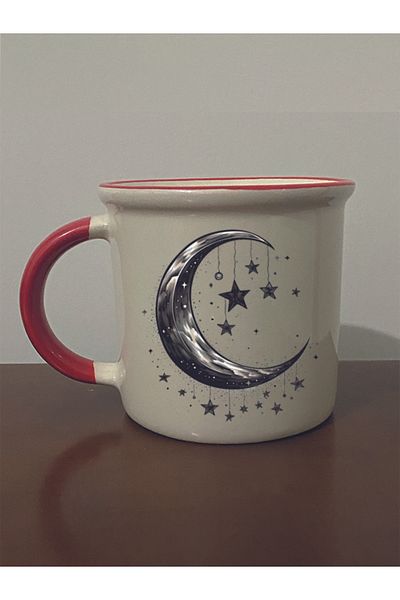 lili hediyelik Red Mouth Mug with Moon and Star Inside Image - Ceramic Tea, Coffee Gift Cup
