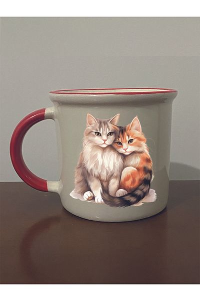 lili hediyelik Hugging Cat Printed Red Mouth Mug Cup - Ceramic Tea, Coffee Gift Cup