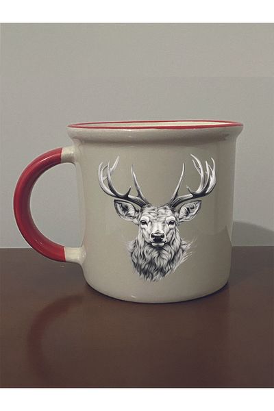 lili hediyelik Red Mouth Mug with Deer - Ceramic Tea, Coffee Gift Cup