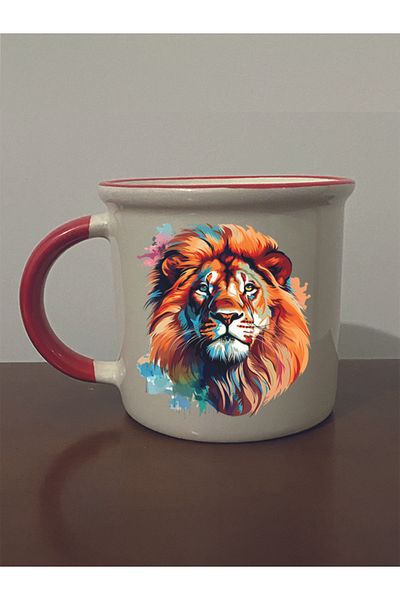 lili hediyelik Modern Lion Printed Red Mouth Mug - Ceramic Tea, Coffee Gift Cup