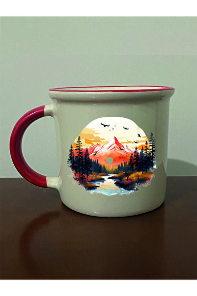 lili hediyelik كوب ذو فم أحمر مطبوع عليه مناظر طبيعية - كوب شاي وقهوة من السي...