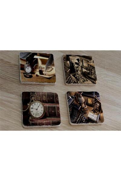Tablosan Chain Clock Typewriter Camera Feather Pen Natural Stone Coaster Set ...