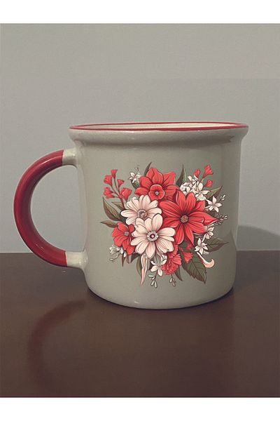 lili hediyelik Floral Red Mouth Mug - Ceramic Tea, Coffee Gift Cup