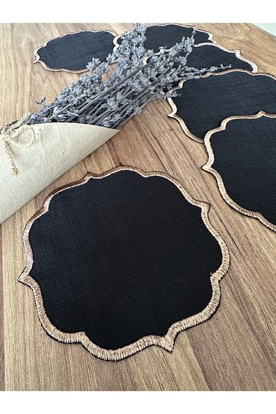 Nurhanhome 6 Pieces Black Color Linen Fabric Coffee Side Cocktail Presentation Napkin with Bronze Embroidery on the Edges