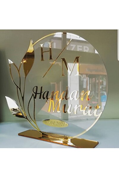Evsay Pleksi Isimlik Masa Üstü Aynalı Gold Pleksi Isimlik Söz Nişan Düğün Mas...