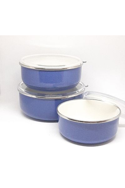 Avşar ENAMEL HOUSE 3-PIECE 14-16-18 CM DIAMETER ENAMEL STORAGE CONTAINER WITH LID