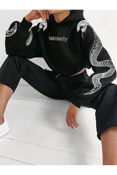 Keywest Unisex Sleeve Snake Printed Oversize Crop φούτερ με κουκούλα