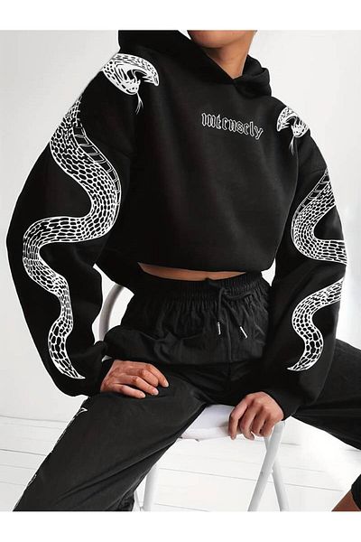 Keywest Unisex Sleeve Snake Printed Oversize Crop φούτερ με κουκούλα