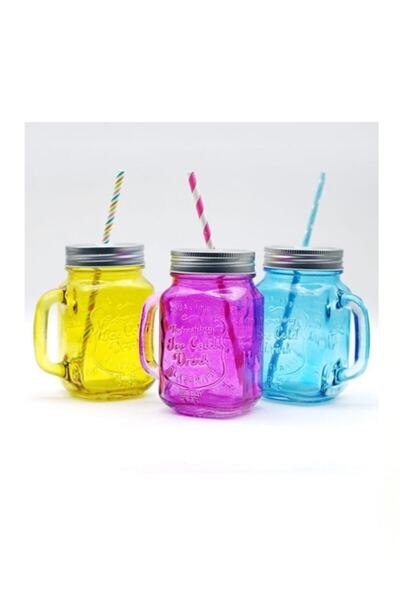 Otantik 12'li Pipetli Cam Kavanoz Kupa 400ml Meşrubat Limonata Bardağı 4 Renk
