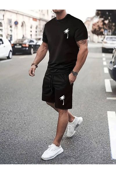 AMMA Men's Palm T-Shirt Set with Printed Bottom and Top Shorts