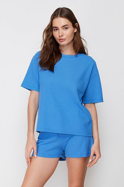 Trendyol Collection Set pijamale tricotate din țesătură cu vafe albastre THMSS22PT0524