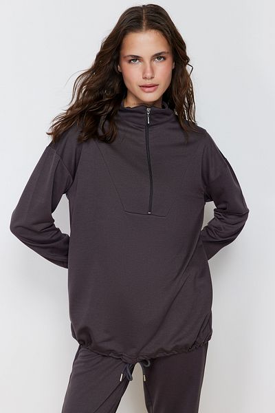 Trendyol Modest Anthrazitfarbenes Strick-Trainingsanzug-Set mit Stehkragen und Reißverschluss - geraffter Saum TCTAW22EN0051