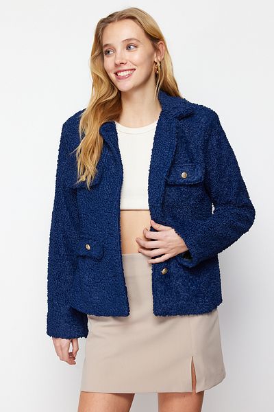 Trendyol Collection Navy Blue Regular Fit Gold Button Detailed Seasonal Plush Coat Twoaw24Kb00034