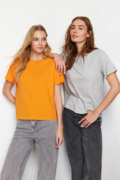 Trendyol Collection Crew Neck Grey Orange 2-Pack 100% Cotton T-Shirt - Twoss20Ts0141