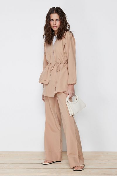 Trendyol Modest Beige Cotton Woven Kimono Trousers Top and Bottom Set TCTSS24US00027