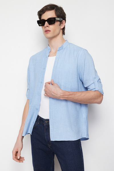 Trendyol Collection Elterjedt gallérú kék karcsúsított ing - kényelmes TMNSS24GO00031