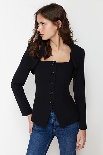 Trendyol Collection Черно болеро с детайлно тъкано сако TWOSS24BC00019