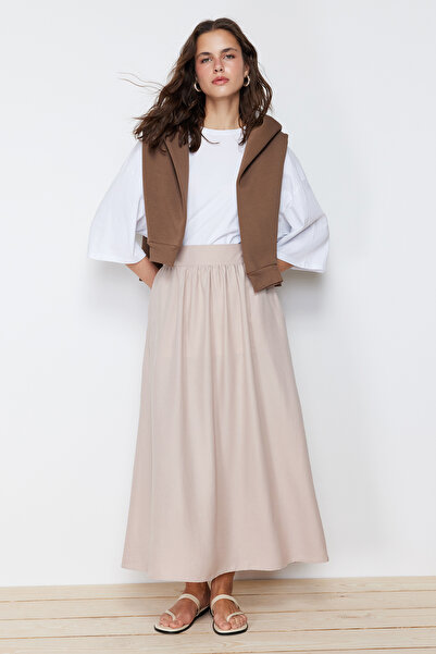 Trendyol Modest Beige Plain Flared Woven Skirt TCTSS24EE00004