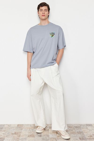 Trendyol Collection Gray Bowling Back Printed Oversize Cotton T-Shirt - Tmnss24Ts00065