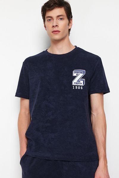 Trendyol Collection Navy Blue Regular Fit Embroidered Towel Fabric Pajamas Set with Shorts TMNSS24PT00006