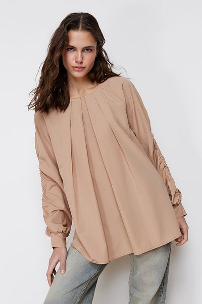 Trendyol Modest Beige Sleeves Gather Detailed Cotton Woven Tunic TCTSS24UK00008
