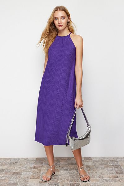 Trendyol Collection Μωβ Shift/Μηδενικό μανίκι μίντι πλισέ πλεκτό φόρεμα TWOSS23EL00752