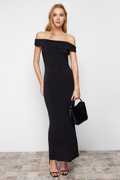 Trendyol Collection Ευέλικτο Πλεκτό Μαύρο Maxi Φόρεμα - Μολύβι γιακά Madonna, TWOSS24EL00254