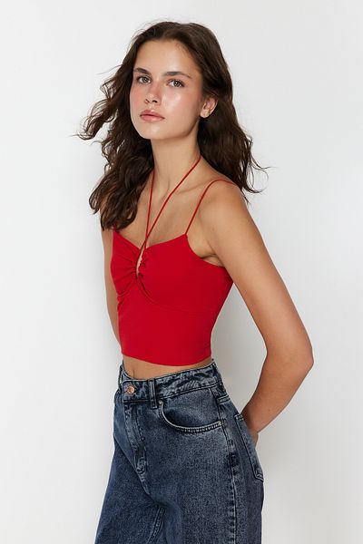 Trendyol Collection Червона майка на бретелях зі спагеті Бавовняна еластична майка Crop Orme TWOSS23AL00046