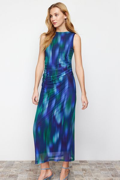 Trendyol Collection Multi-Colored Gather/Drape Detailed Patterned Fitted Maxi Flexible Knitted Pencil Dress TWOSS24EL00078