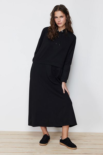 Trendyol Modest Black Oversize Hooded Knitted Sweatshirt Dress Tctss24Eb00043