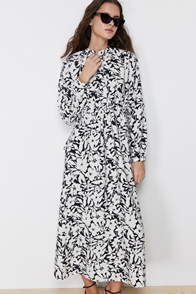 Trendyol Modest Μαύρο φλοράλ υφαντό φόρεμα TCTSS24EB00047