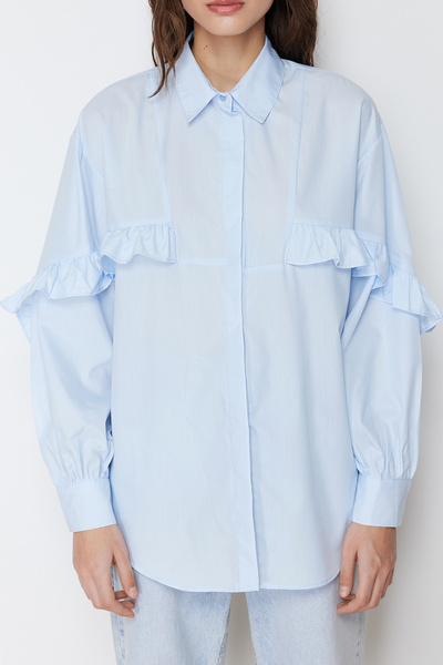 Trendyol Modest Modrá bavlněná košile s volánem TCTSS24TG00019
