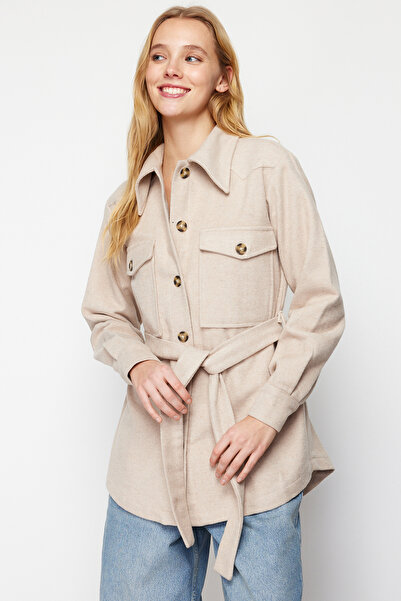 Trendyol Collection Belted Stamped Jacket Coat - Regular Fit, Stone Twoaw24Mo00171