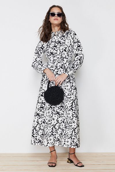 Trendyol Modest Μαύρο φλοράλ υφαντό φόρεμα TCTSS24EB00047
