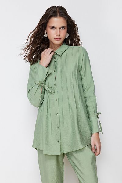 Trendyol Modest Khaki Pleat Detailed Woven Linen Look Shirt Pants Bottom Top Set TCTSS24US00018